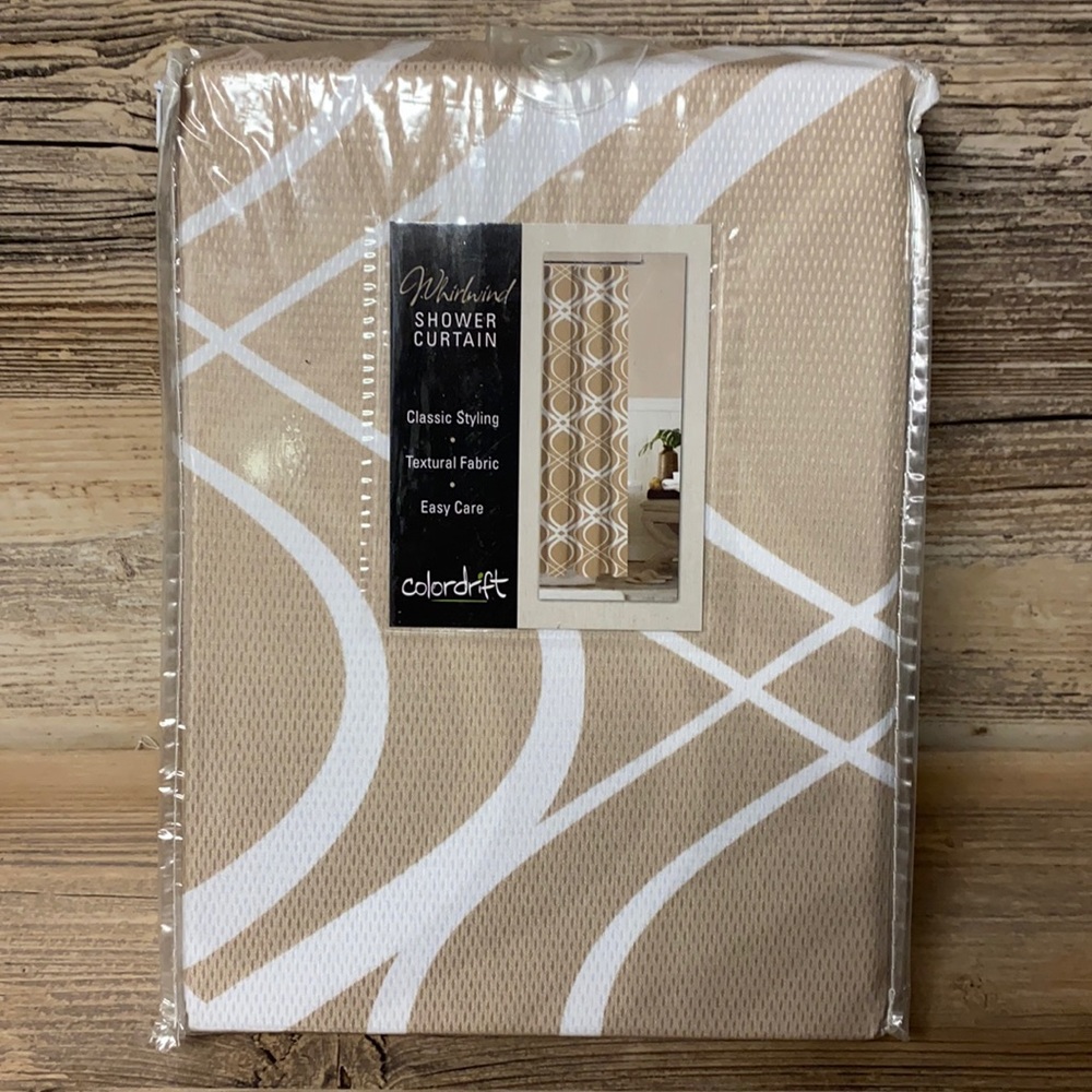 Whirlwind Colordrift Taupe/White Shower Curtain NIB